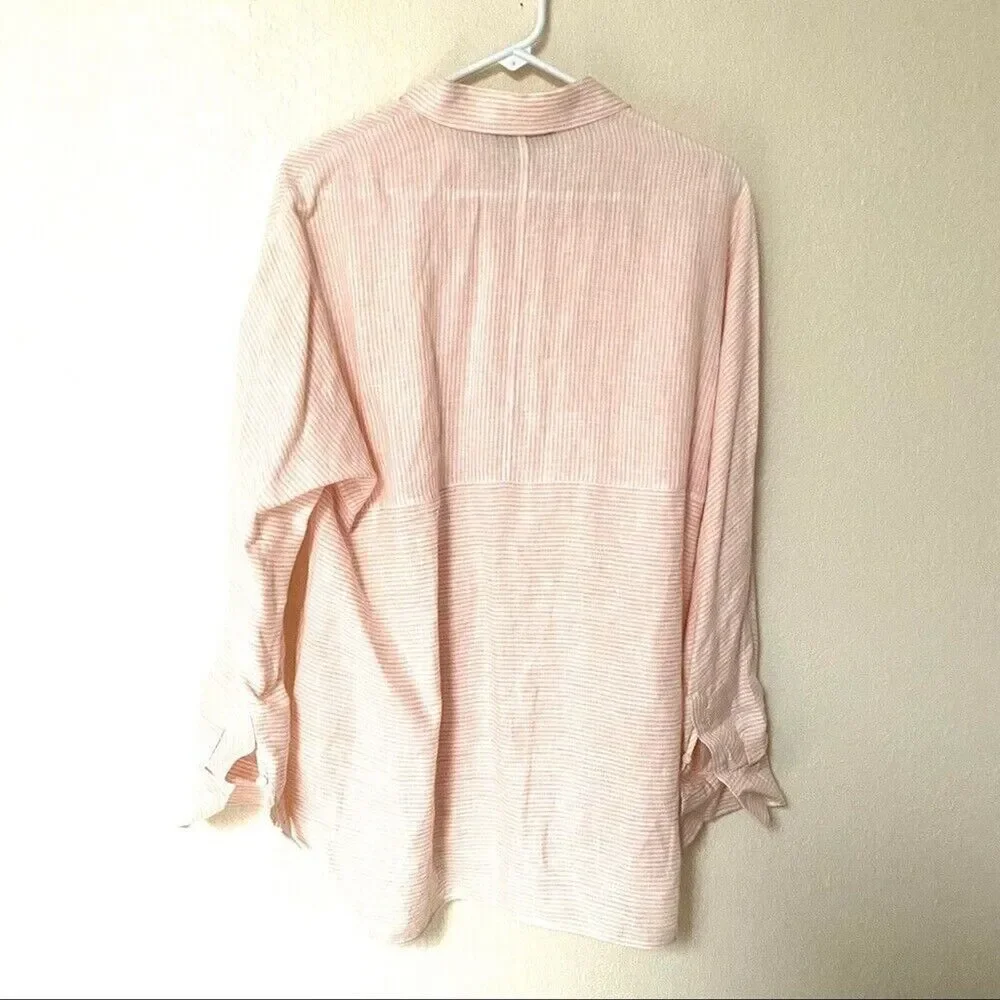 Lafayette 148 New York Size Small pink pinstripe linen‎ top collared button up - Picture 4 of 11